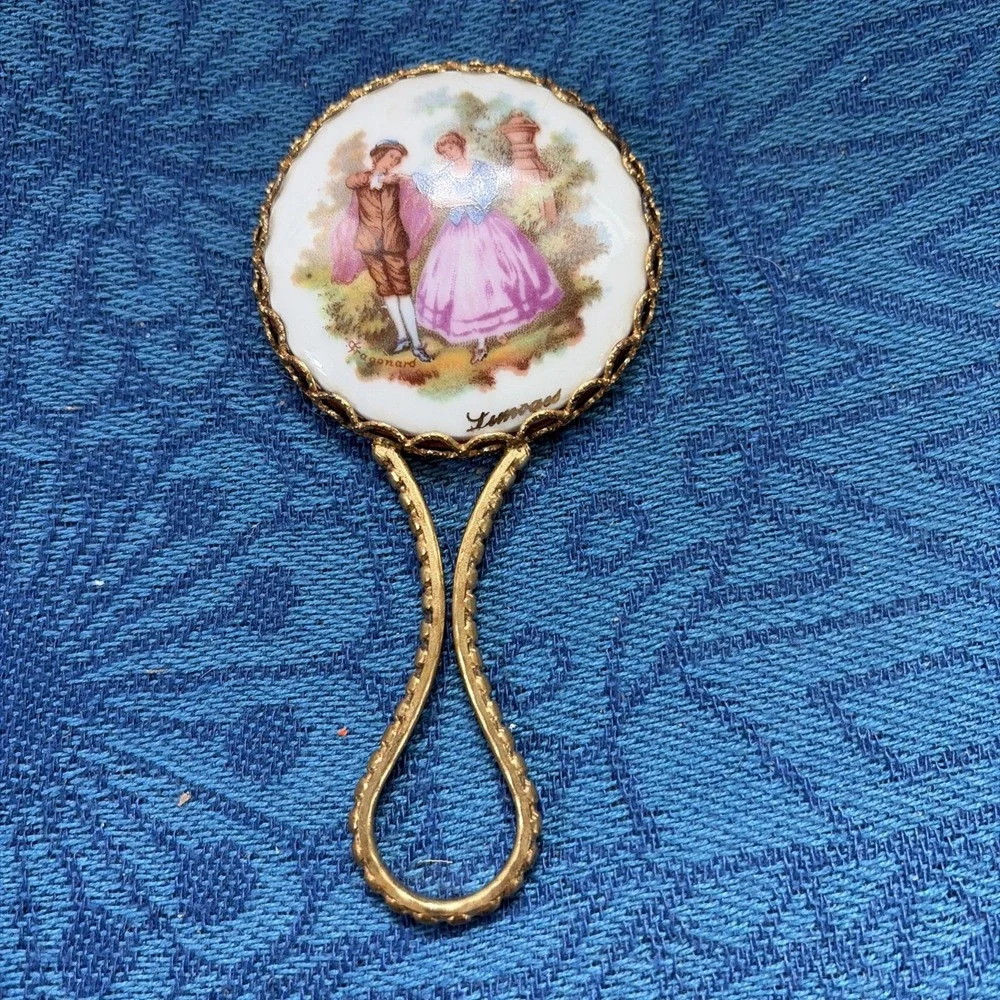 Vtg Limoges Mirror Handheld Porcelain Signed Fragonard for Purse 4.25